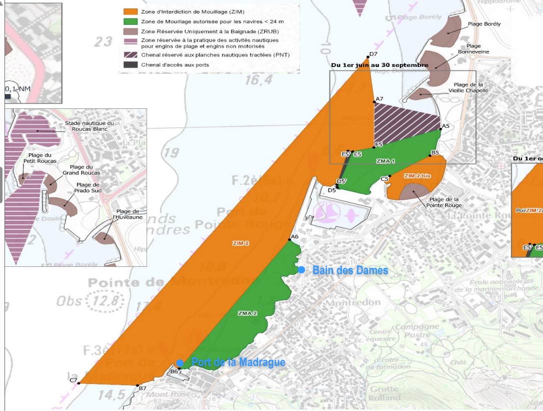 Zones de mouillage dans la rade sud de Marseille